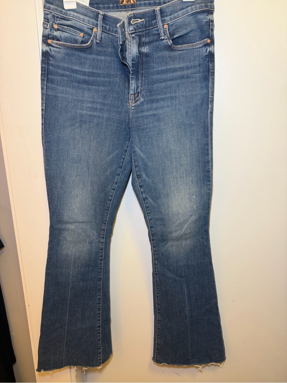 MOTHER Blue Flare Jeans with Cropped Frayed Hem